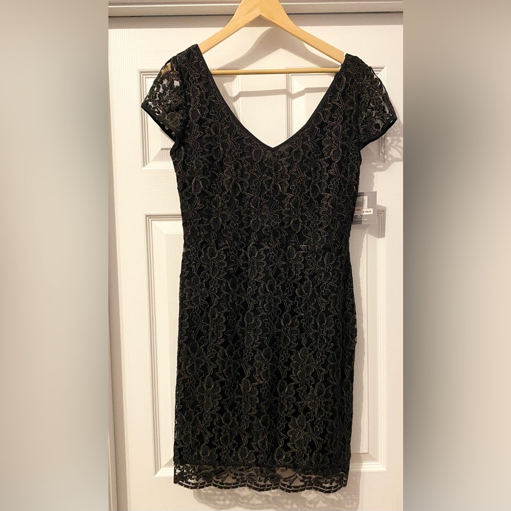 Andrew Marc Black Sheath Mini Dress V-Neck Flutter Cap Sleeves